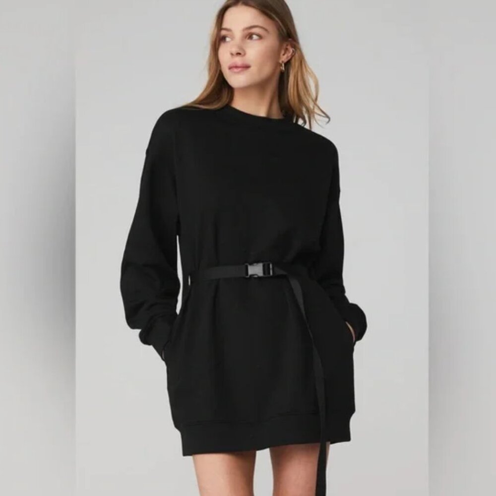 Alo Yoga City Scape Black Sweatshirt Dress w/ Belt XS